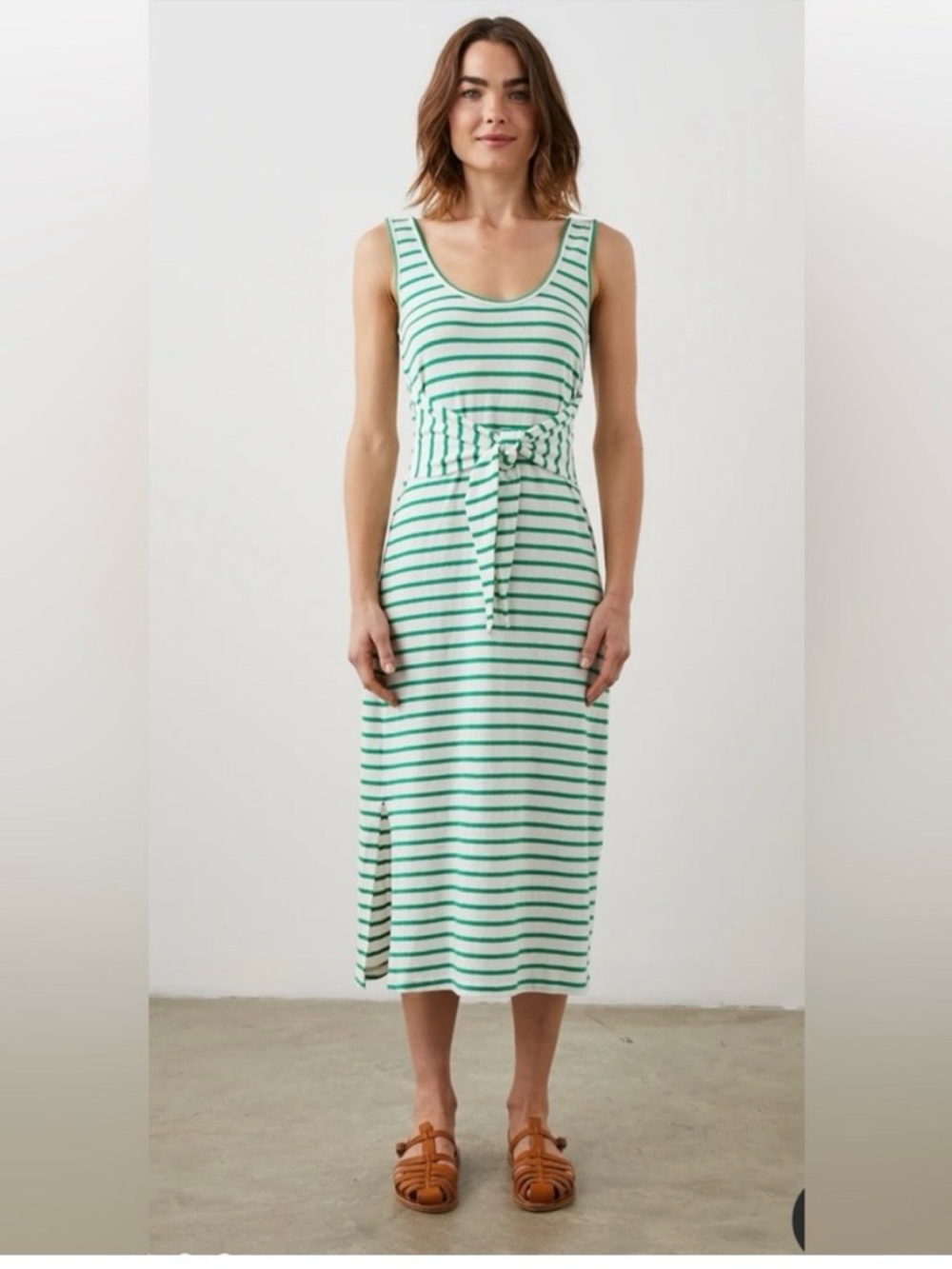 Rails sleeveless Green & White Striped Tie-Waist Midi Dress. Size large